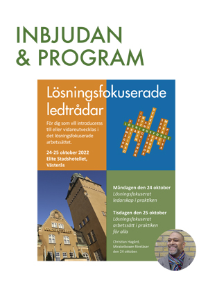 Framsidan av programmet till LF-konferensen 24-25 oktober 2022. Foto av Elite stadshotellet i Västerås och av föreläsaren Christian.