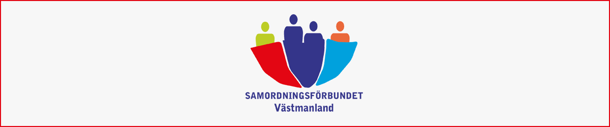 Logga Samordningsförbundet Västmanland - en illustration med fyra gubbar i ett uppochnervänt paraply som också kan uppfattas som en båt.