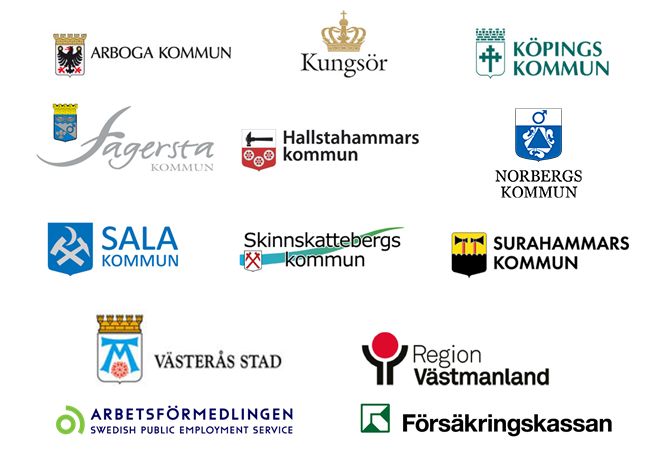 Samordningsförbundets medlemmars loggor - Västmanlands kommuners loggor dvs. Arboga, Kungsör, Köping, Fagersta, Hallstahammar, Norberg, Sala, Skinnskatteberg, Surahammar, Västerås samt Region Västmanland, Arbetsförmedlingen och Försäkringskassan.